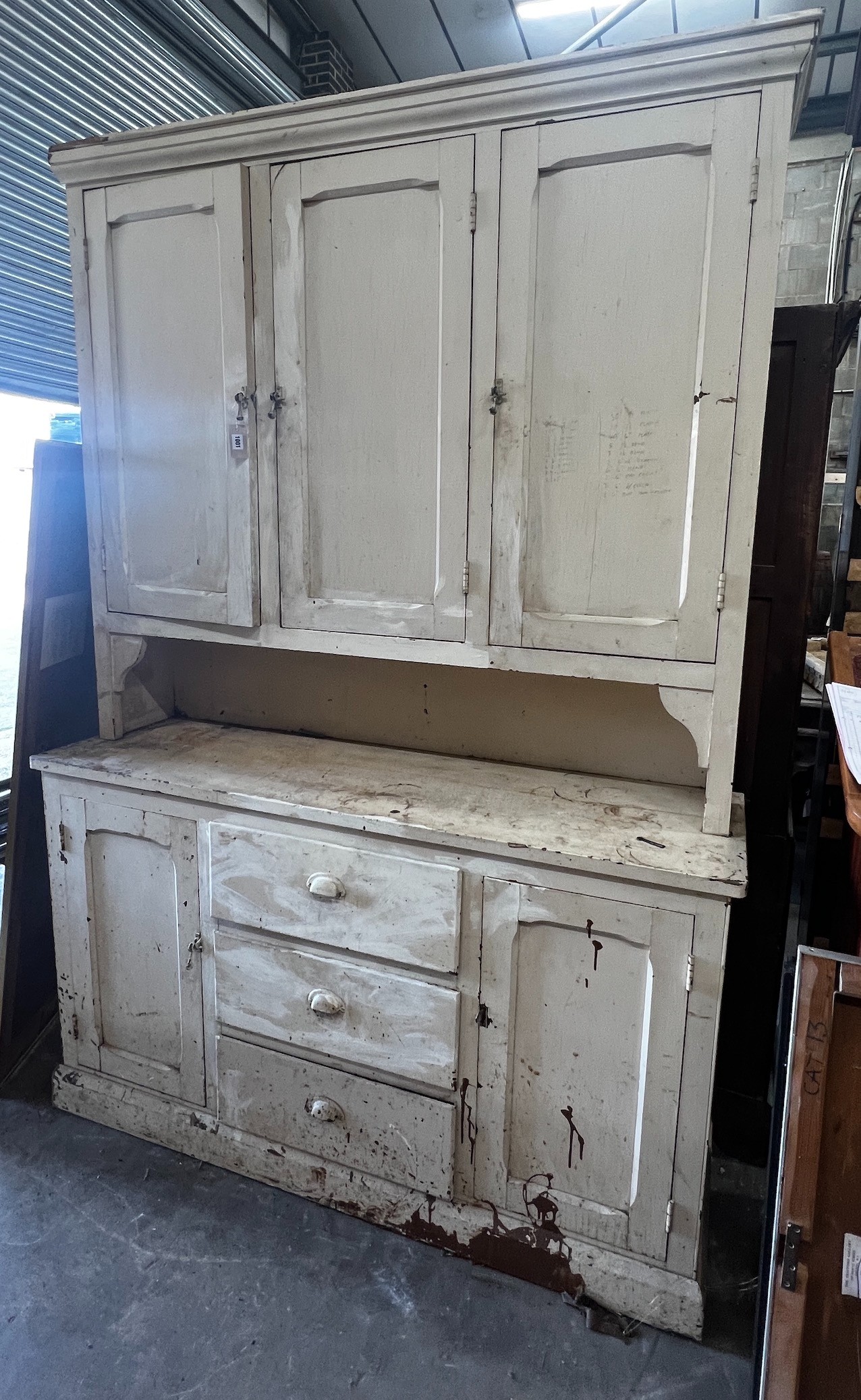 A late Victorian painted pine dresser, width 158cm depth 44cm height 230cm